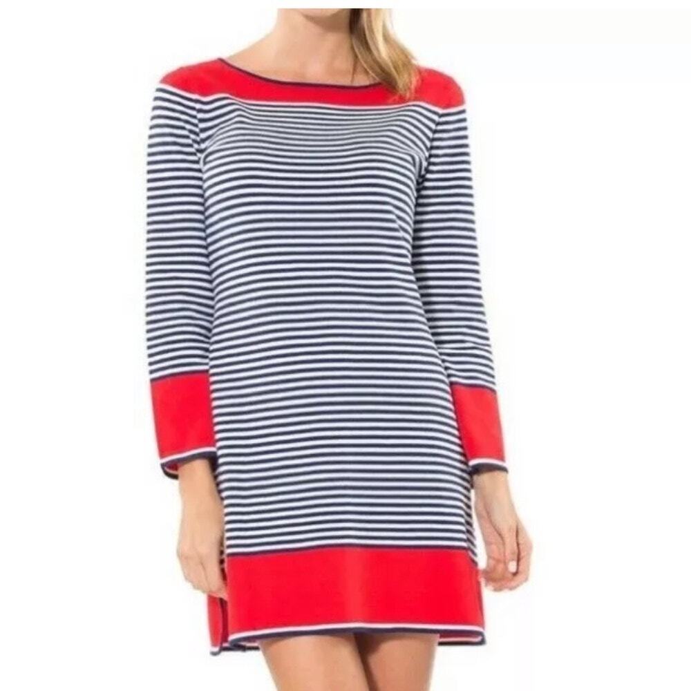 STS Sail to Sable Knit Striped Mini Sweater Dress XL White Blue Red 3/4 Sleeve